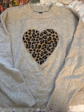 American Eagle Outfitters Cream Sweater with Leopard Heart